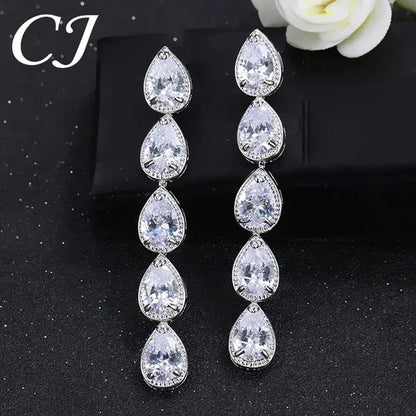 Candice High Quality Long Dangling Earrings Connect 5 Pcs Water Drop AAA CZ Zirconia White Gold Plated Luxury Wedding Ear Jewelry for Bridal Accessorise