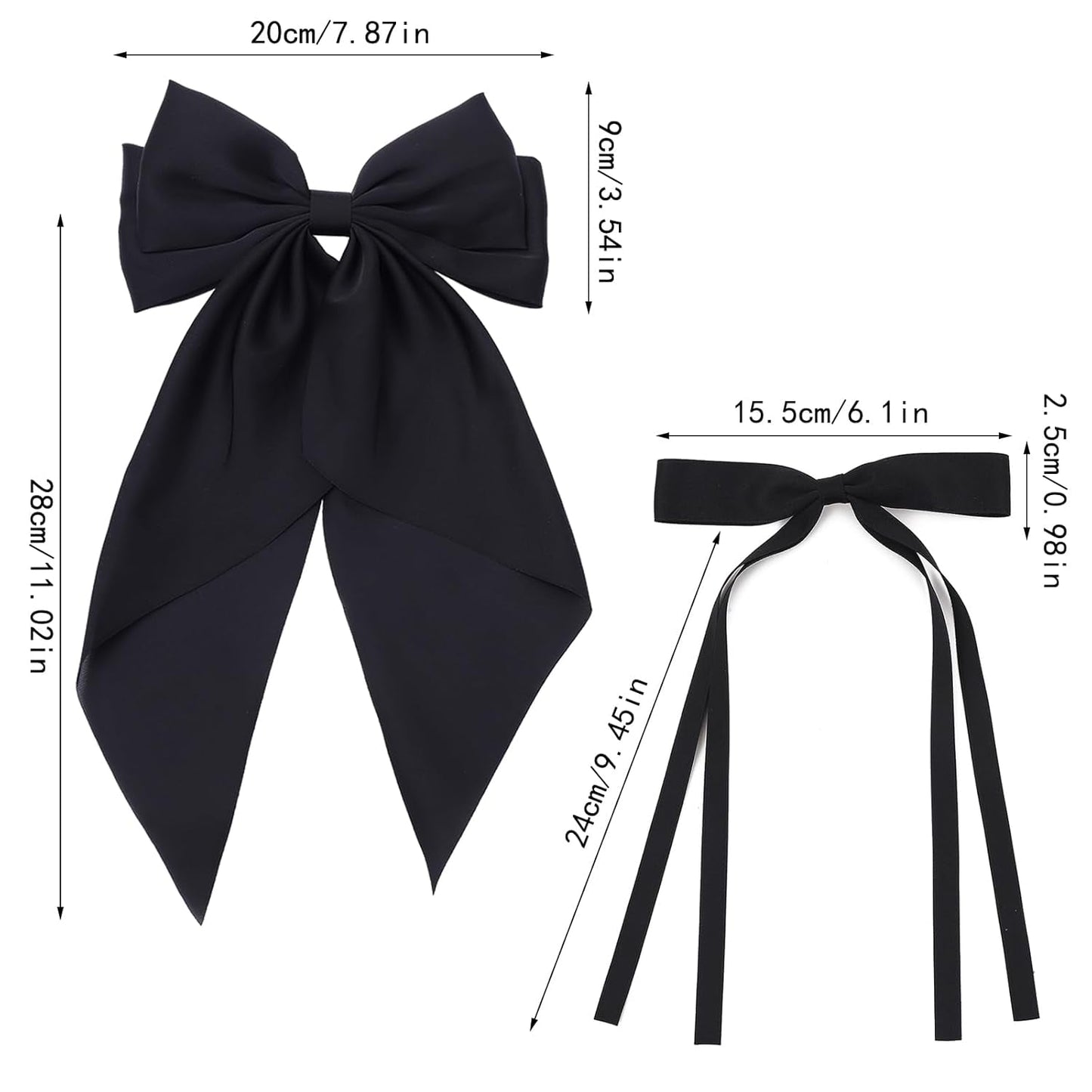 6 PCS Satin Big Hair Bows for Women Hair Ribbons Oversized Long Tail White Black Bow for Hair Bow Large Hair Ribbon Barrettes Metal Clips Bowknot Hair Accessories
