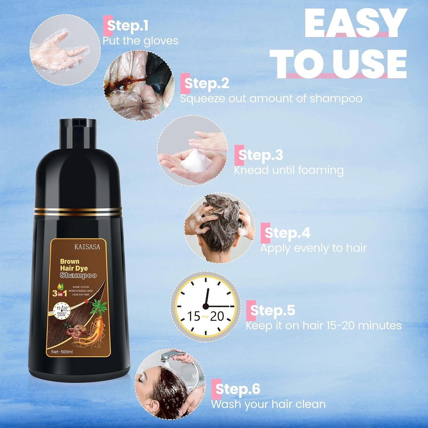 KAISASA Hair Color Shampoo, Brown Hair Dye Shampoo 3 in 1 for Women&Men, Herbal Ingredients, Shampoo Hair Dye in Minutes/Semi-Permanent/(16.9 FL OZ)