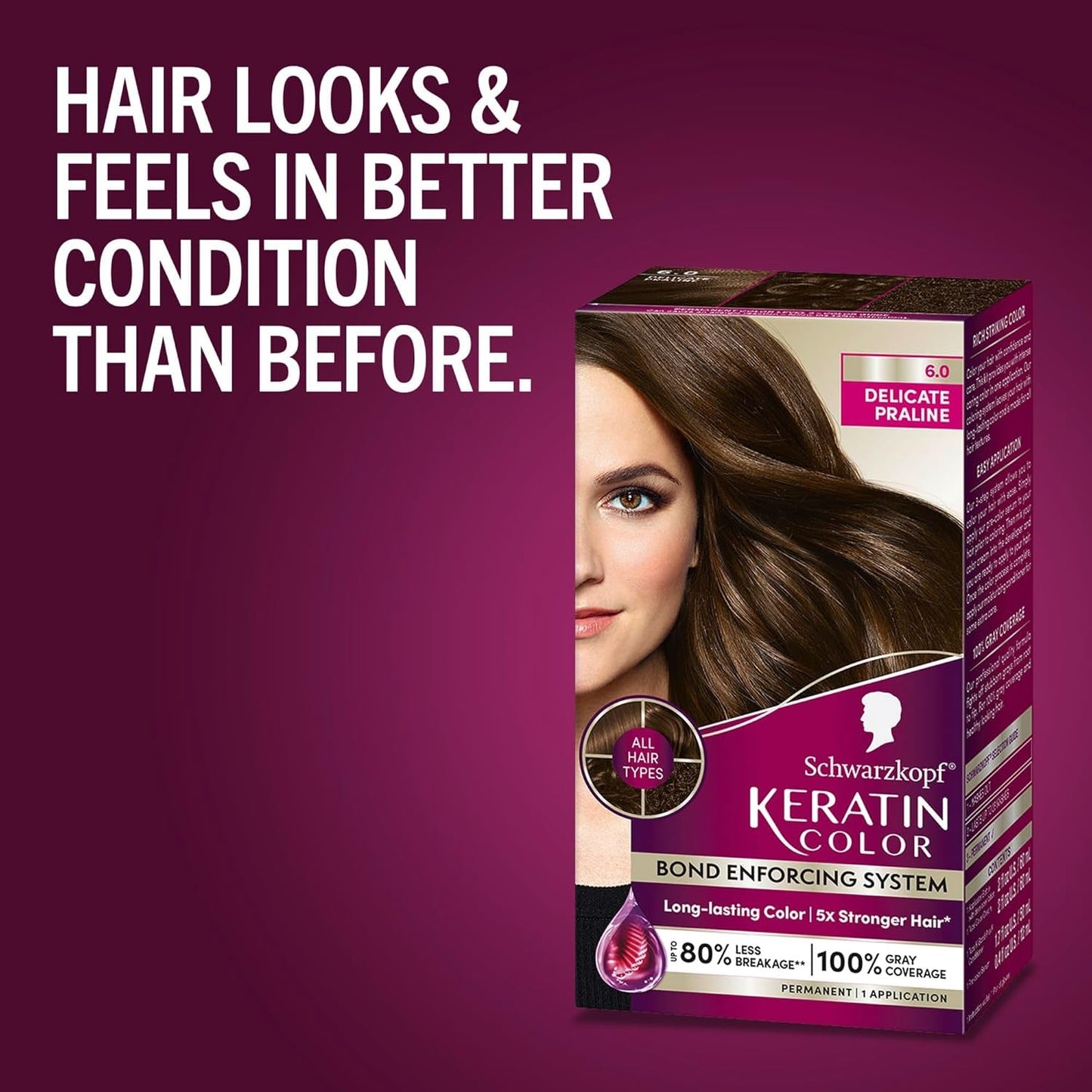 Keratin Permanent Hair Color, 6.0 Delicate Praline, 1 Application - Professionally Inspired Permanent Hair Dye, for up to 80% Less Breakage Vs Untreated Hair and up to 100% Gray Coverage