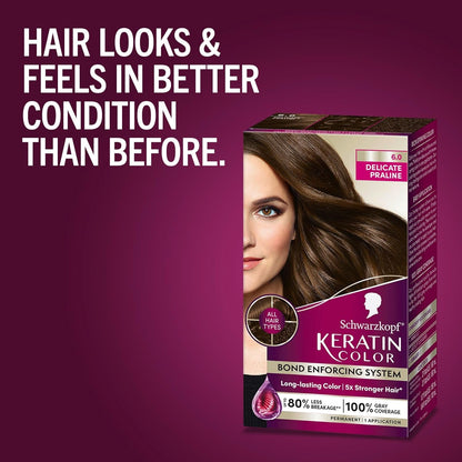 Keratin Permanent Hair Color, 6.0 Delicate Praline, 1 Application - Professionally Inspired Permanent Hair Dye, for up to 80% Less Breakage Vs Untreated Hair and up to 100% Gray Coverage