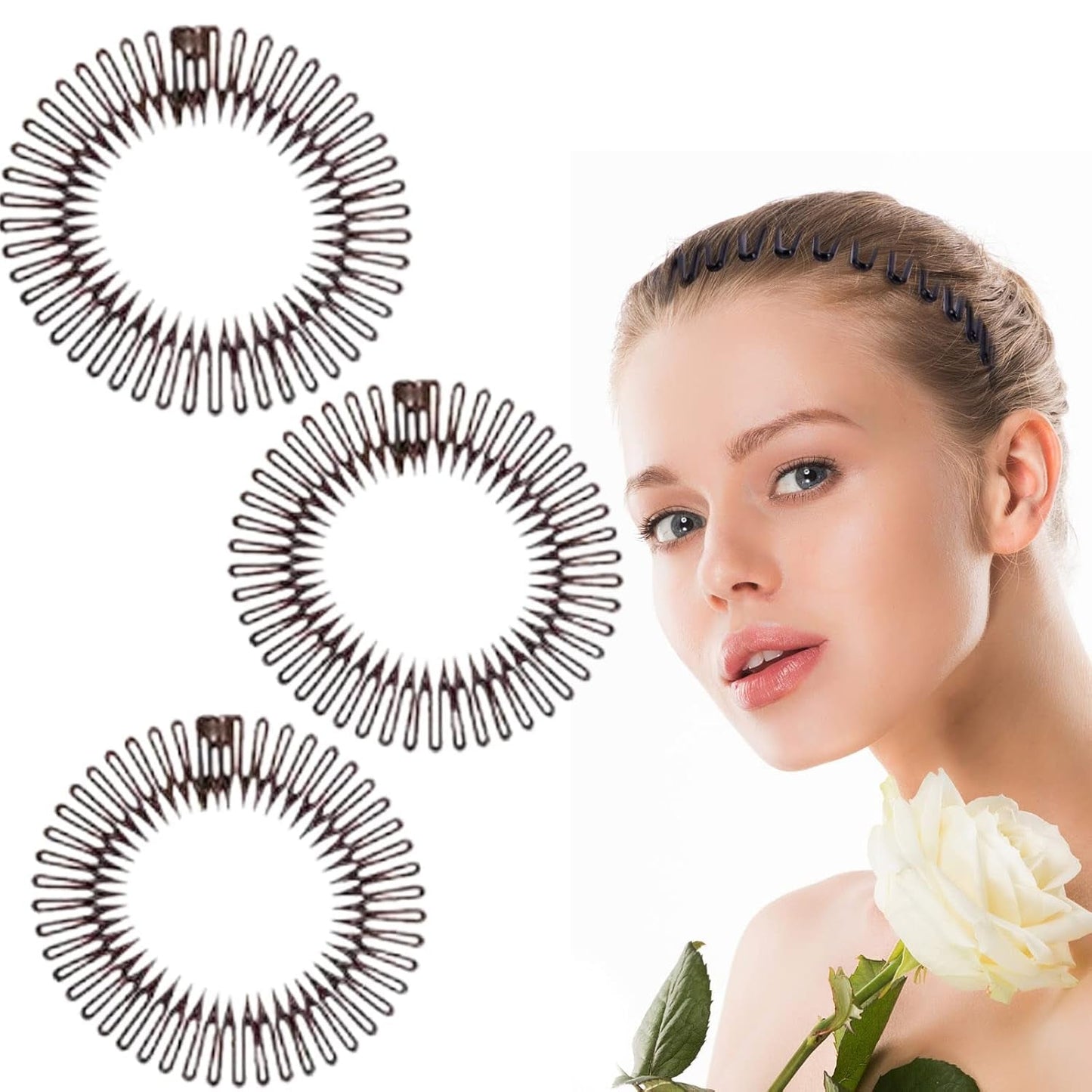 3Pieces Flexible Plastic Circular Stretch Hair Combs, Headband Hairband Holder for Women Girls
