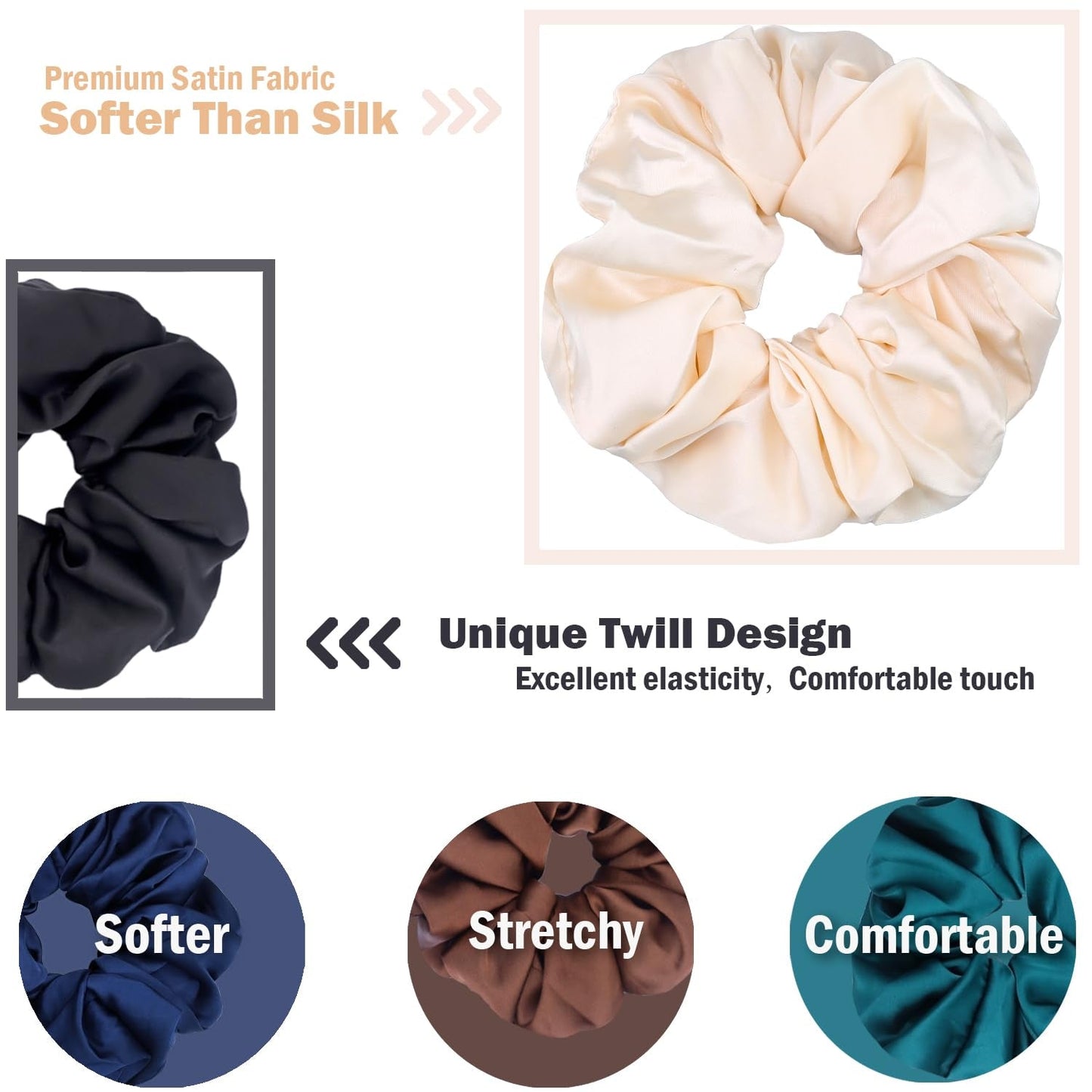 Big Scrunchies for Women Thick Hair, Premium Satin Softer than Silk, XL 6 Inch Extra Large Scrunchy Elastic Hair Bands Accessories, 6 Pack, Neutral