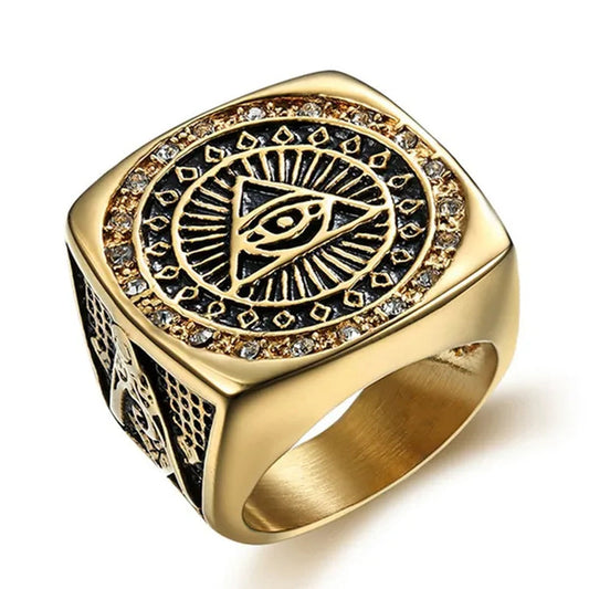 Mens Stainless Steel Gold Ring Czs Illuminati the All-Seeing-Eye Eye of Providence Symbol Hip Hop Jewelry Size 8-13