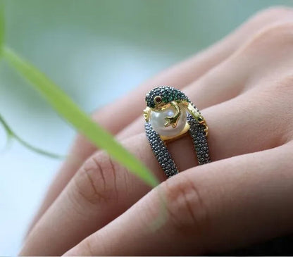 Genuine Women's Ring 9.68CT Tsavorite Rich Frog Pearl Wealth Rings Black Sapphire Jewelry Golden Wedding Band Size 6 - 10