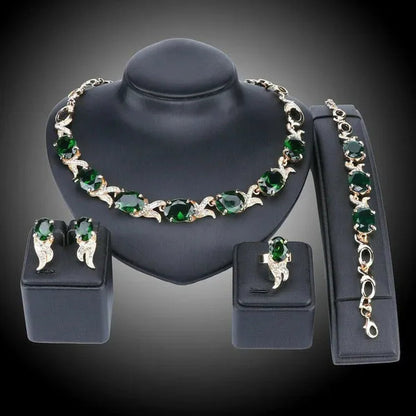 Women Gold Plated Crystal Zircon Ruby Pendant Wedding Party Necklace Bracelet Ring Earring Jewelry Sets