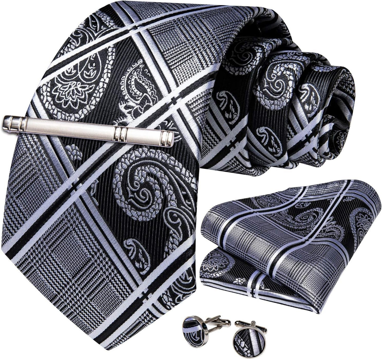 Plaid Ties for Men Silk Checkered Necktie and Pocket Square Cufflinks Tie Clip Set with Gift Box for Wedding Business