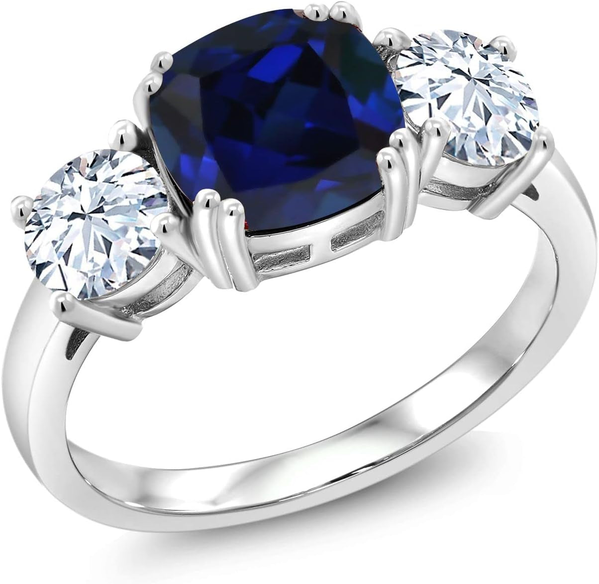 925 Sterling Silver Blue Simulated Sapphire and White Zirconia 3 Stone Engagement Ring for Women (4.00 Cttw, Gemstone September Birthstone, Cushion 8MM, Available in Size 5,6,7,8,9) - WORLD TIME VISITS
