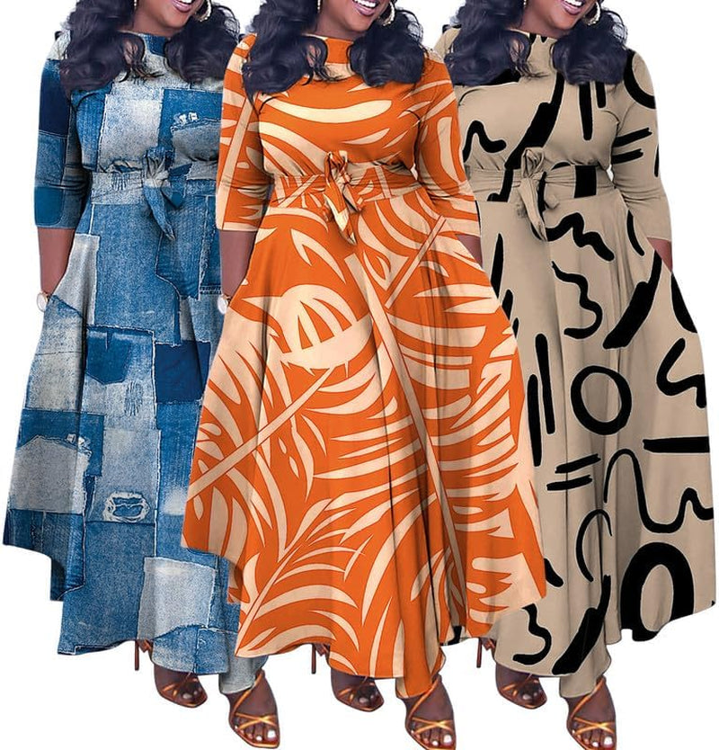 Women'S Long Sleeve V Neck Long Maxi Dress Loose African Floral Print a Line Skirt Dresses plus Size with Belt