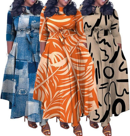 Women'S Long Sleeve V Neck Long Maxi Dress Loose African Floral Print a Line Skirt Dresses plus Size with Belt