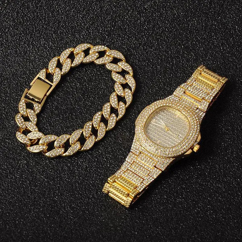 2 Pcs/set Luxury Full Iced Out Watch Mens Cuban Link Chain Bracelet Watch Bling Jewelry for Men Big Gold Chains Hip Hop Men Watch Set