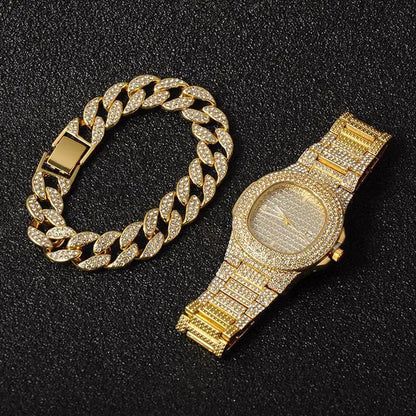 2 Pcs/set Luxury Full Iced Out Watch Mens Cuban Link Chain Bracelet Watch Bling Jewelry for Men Big Gold Chains Hip Hop Men Watch Set