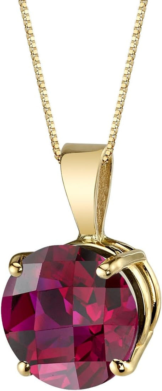 14K Yellow Gold Created Ruby Pendant for Women, Classic Solitaire, 2.50 Carats round Shape 8Mm