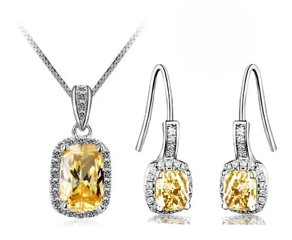 18K White Gold GP AAA CZ Zircon Citrine Pendant Necklace Earrings Princess Cut Drop Earring Jewellery Set