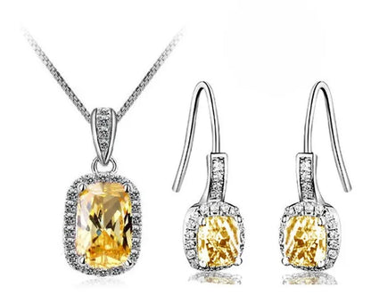 18K White Gold GP AAA CZ Zircon Citrine Pendant Necklace Earrings Princess Cut Drop Earring Jewellery Set