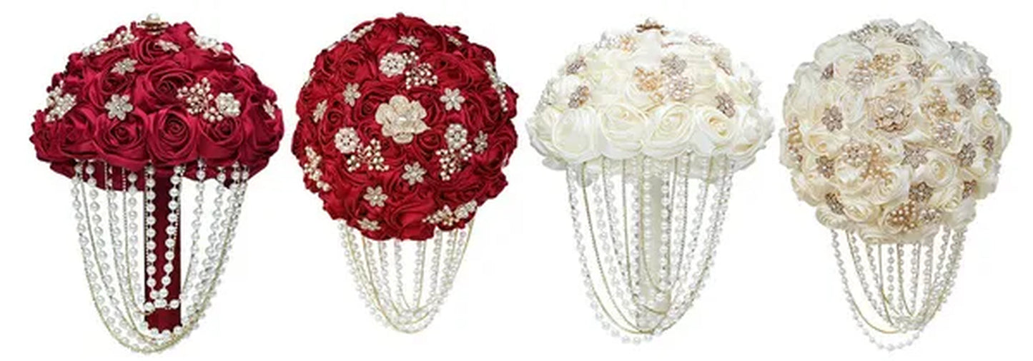 Exquisite Hand-made Pearl Diamond Brooch Wedding Bouquets Beaded Diamond Chains Decorate The Bridal Bouquet Bridesmaid Holding Flowers
