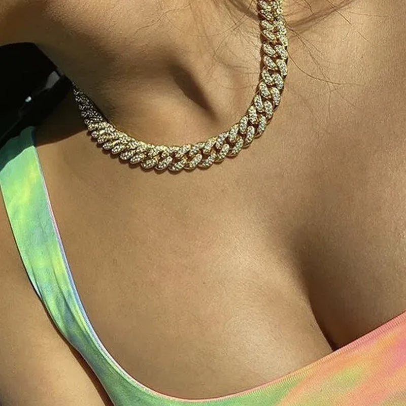 13MM  24K Gold/925 Silver Iced Out BlingBling Diamond Cuban Link Chain Miami Choker Necklace Bracelet Jewelry Set for Fashion Men and Women Hip Hop Jewelry