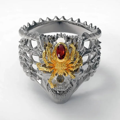 Retro Personality Two-Tone Stainless Steel Spider Skull Ring Ruby Inlay Men'S Punk Jewelry