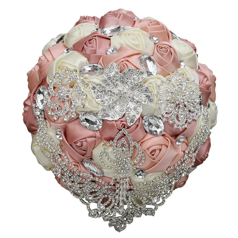 21CM Creative Ribbon Silk Rose Bride Holding Flowers Rhinestone Brooch Tassel Wedding Bouquet Wedding Party Bridal Bouquet Photography Props
