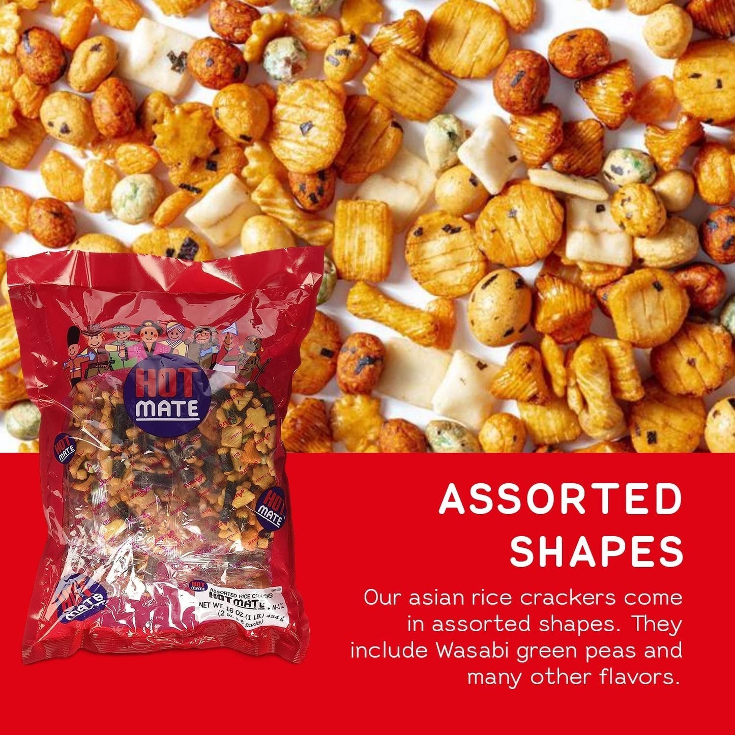 Hot Mate Japanese Rice Cracker | Oriental Asian Arare Rice Crackers with Glutinous Rice, Wasabi Green Peas, and Soy Sauce | Mixed Flavor, 16 Oz. (Pack of 1)