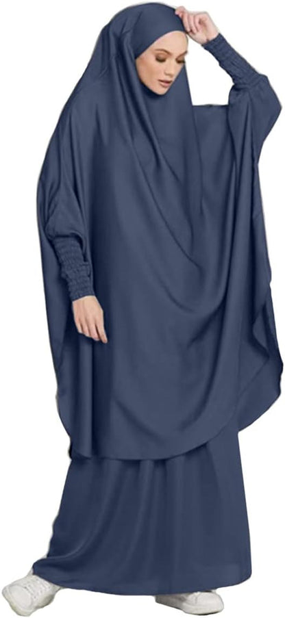 Women Muslim 2 Set Solid Color plus Long Sleeve Thobe One-Size Longuette Overall Abaya Thobe with Hoodied Hijab - WORLD TIME VISITS