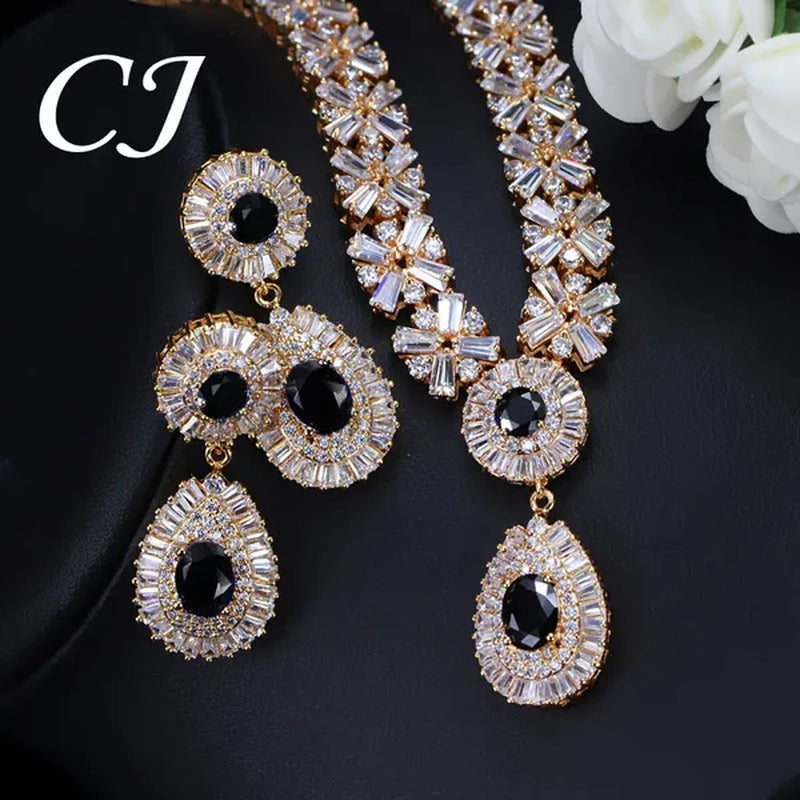 CANDICE African Gold Plating Hand-Inlay CZ Pendant Necklace and Earrings Gorgeous Dubai Women Wedding Party Tear Drop Jewelry Set with Red Crystal