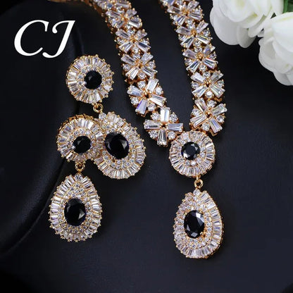 CANDICE African Gold Plating Hand-Inlay CZ Pendant Necklace and Earrings Gorgeous Dubai Women Wedding Party Tear Drop Jewelry Set with Red Crystal