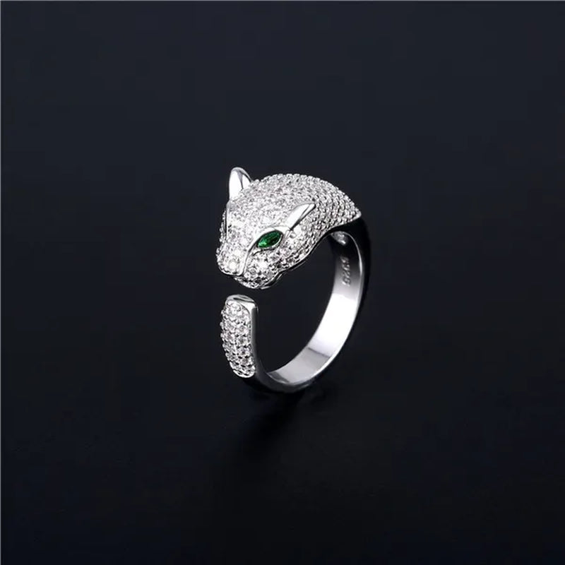 Personality 925 Sterling Silver Plated Jaguar Rings with Green Rhinestone Eyes Animal Fashion Costume Rings for Men and Women