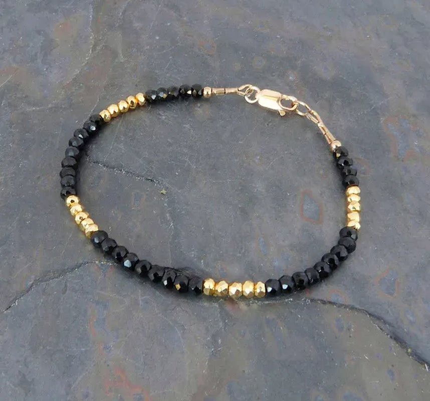Faceted Black Spinel Gemstone & Gold Pyrite Bracelet - WORLD TIME VISITS