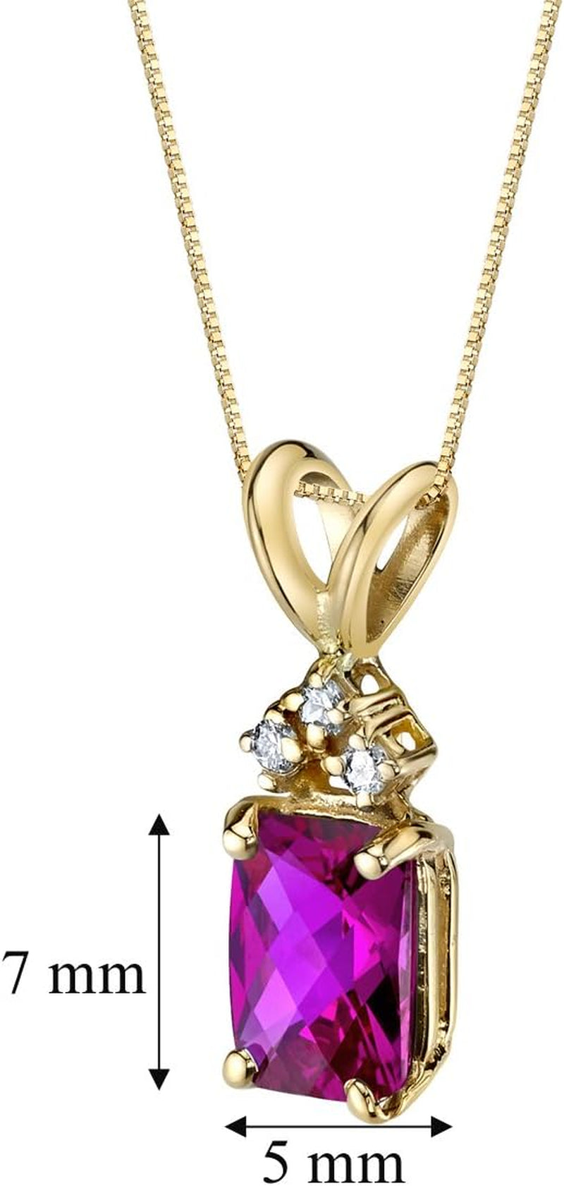 Created Ruby with Genuine Diamond Pendant in 14 Karat Yellow Gold, Elegant Solitaire, Radiant Cut, 7X5Mm, 1.30 Carats Total, Sparkling V-Day Gift Valentines Gift for Women