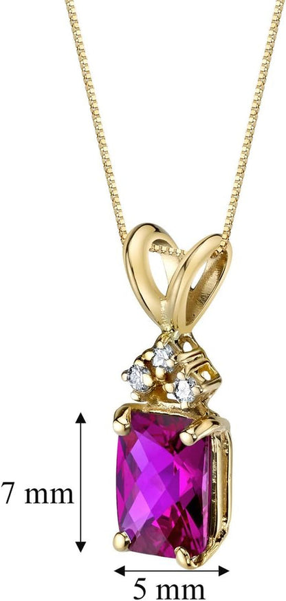 Created Ruby with Genuine Diamond Pendant in 14 Karat Yellow Gold, Elegant Solitaire, Radiant Cut, 7X5Mm, 1.30 Carats Total, Sparkling V-Day Gift Valentines Gift for Women