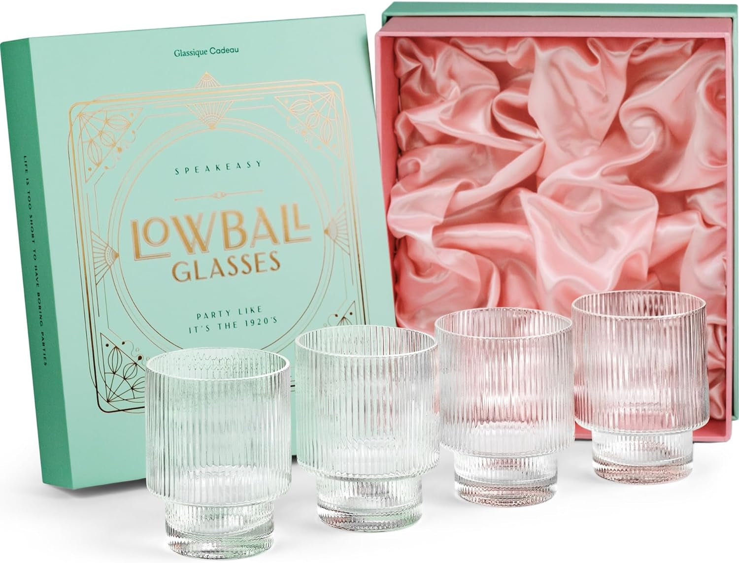 Vintage Art Deco Ribbed Lowball Cocktail Glasses | Set of 4 | 12 Oz Crystal Double Old Fashioned Tumblers for Drinking Classic Whiskey, Gin, Vodka Bar Drinks | round Glassware - WORLD TIME VISITS