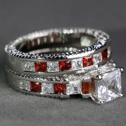 Two Rings Couple Ring His Hers Three-Stone Ring White Gold Plated Ruby CZ Womens Ring Sets Wood Tungsten Steel Men'S Ring