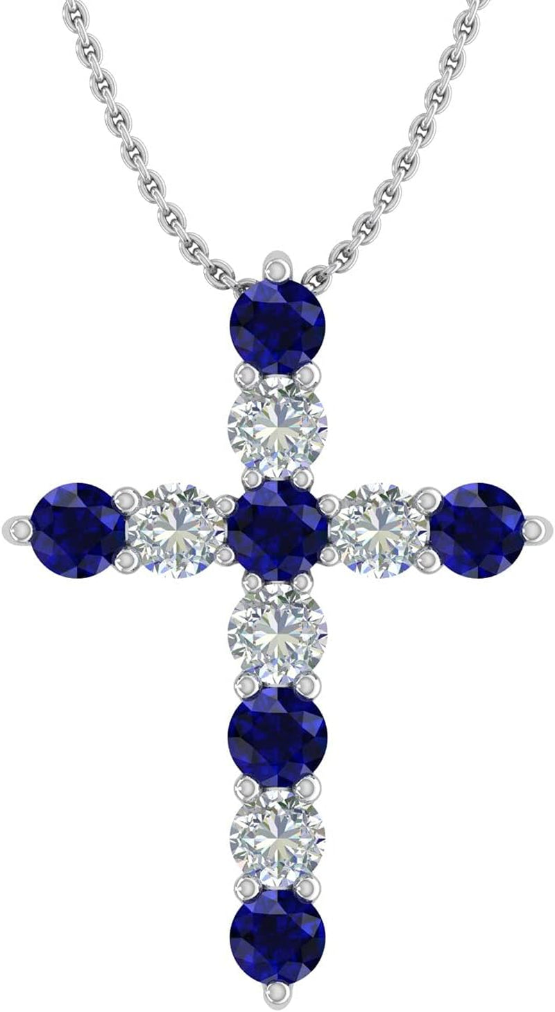 2 Carat Blue Sapphire & White Diamond Cross Pendant Necklace in 14K Gold (Silver Chain Included) - WORLD TIME VISITS