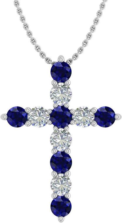 2 Carat Blue Sapphire & White Diamond Cross Pendant Necklace in 14K Gold (Silver Chain Included) - WORLD TIME VISITS