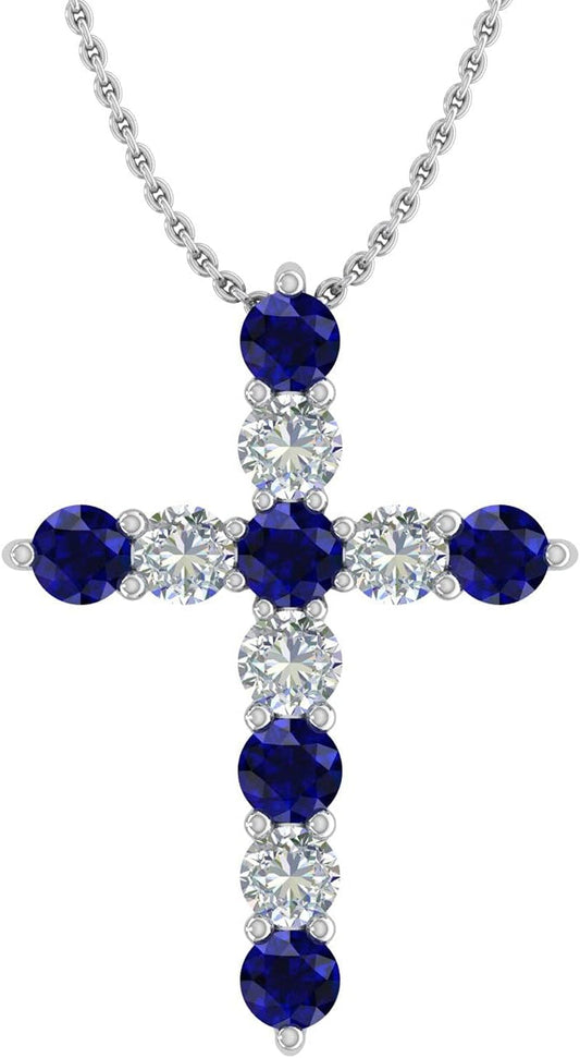 2 Carat Blue Sapphire & White Diamond Cross Pendant Necklace in 14K Gold (Silver Chain Included) - WORLD TIME VISITS