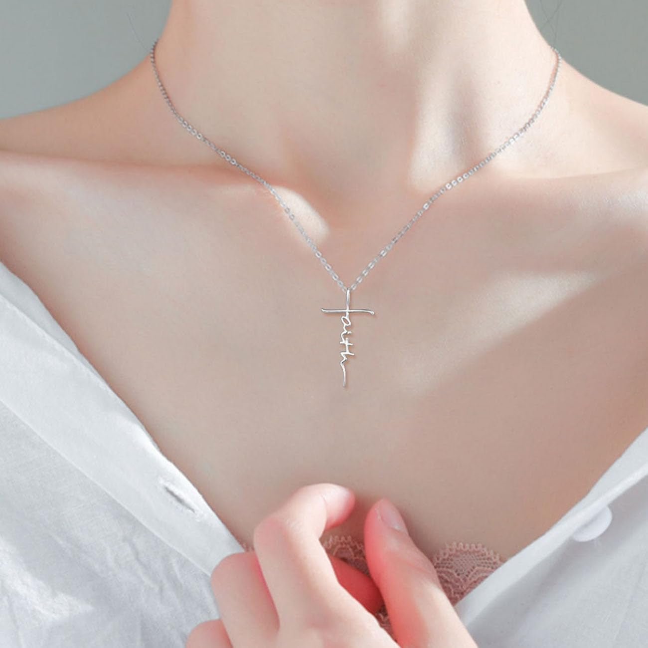 Faith Cross Necklace for Women 925 Sterling Silver Pendant Necklace with Birthstone Initial Christian Religious Confirmation Baptism Gifts
