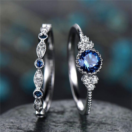 Fashion 2PCS 925 Sterling Silver Natural Sapphire Ring round Cut Cubic Zirconia Promise Rings CZ Classical Eternity Engagement Wedding Band Ring Set for Women (US Code 8) - WORLD TIME VISITS
