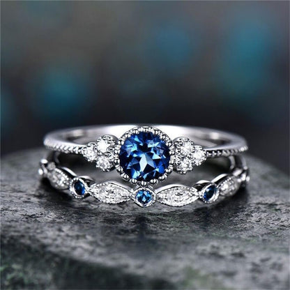Fashion 2PCS 925 Sterling Silver Natural Sapphire Ring round Cut Cubic Zirconia Promise Rings CZ Classical Eternity Engagement Wedding Band Ring Set for Women (US Code 8) - WORLD TIME VISITS