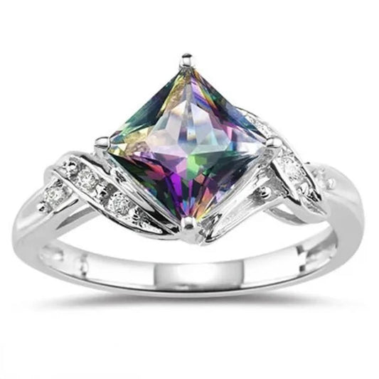 Fashion 4 Prong Setting Princess Square Cut Topaz Rings for Women Promise Bridal Wedding Ring Jewelry - WORLD TIME VISITS