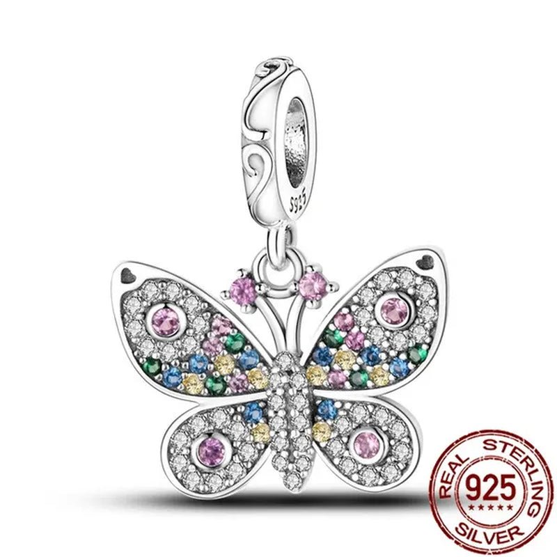 Fashion 925 Sterling Silver Flower Butterfly Pendant Charm Exquisite Colorful Zircon Charm Fit Women Bracelet Necklace DIY