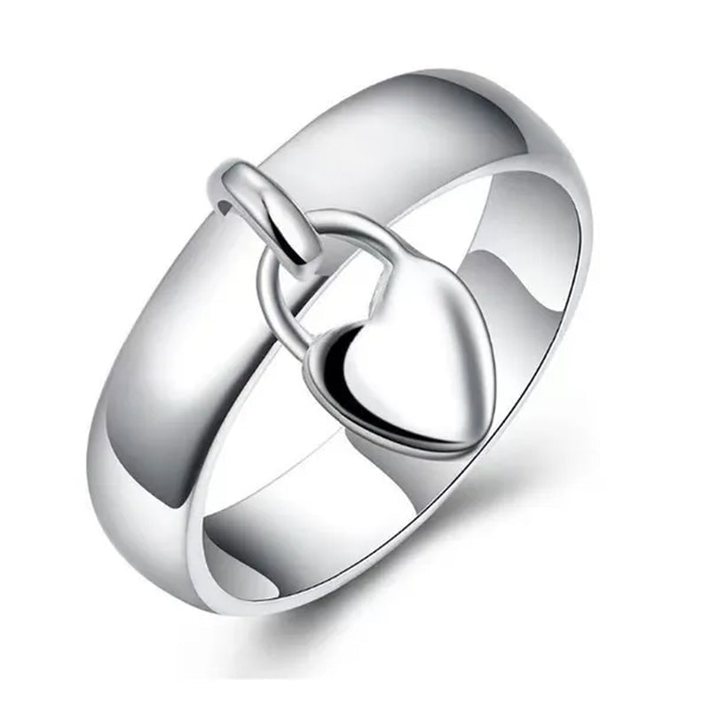 FASHION 925 Sterling Silver Heart Lock Ring Charms Fashion for Women Wedding Engagement Ring Party Jewelry