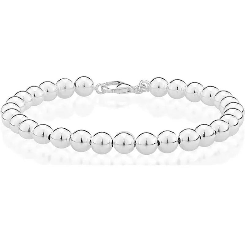 Fashion 925 Sterling Silver Italian Handmade 6Mm Bead Ball Strand Chain Bracelet for Women Charm Jewelry - WORLD TIME VISITS