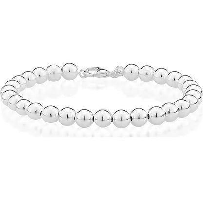 Fashion 925 Sterling Silver Italian Handmade 6Mm Bead Ball Strand Chain Bracelet for Women Charm Jewelry - WORLD TIME VISITS