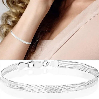FASHION 925 Sterling Silver Italian Solid 4Mm Flexible Flat Herringbone Link Chain Bracelet for Women Men Charm Jewelry - WORLD TIME VISITS