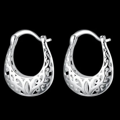 FASHION 925 Sterling Silver Jewelry Filigree Hoop Earrings for Women Charm Jewelry