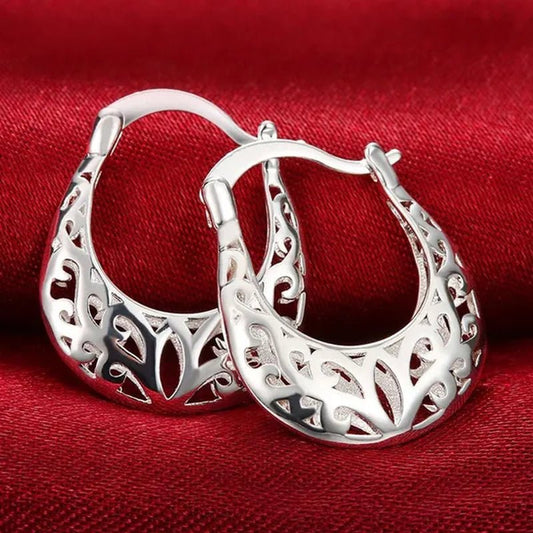 FASHION 925 Sterling Silver Jewelry Filigree Hoop Earrings for Women Charm Jewelry - WORLD TIME VISITS