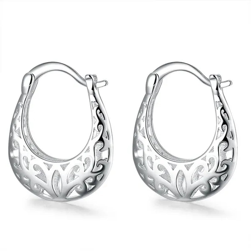FASHION 925 Sterling Silver Jewelry Filigree Hoop Earrings for Women Charm Jewelry