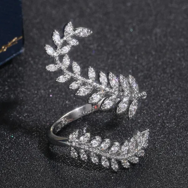 Fashion Bridal Wedding Leaf Rings for Women Jewelry 925 Sterling Silver Micro Pave Diamond Leaf Open Adjustable Rings - WORLD TIME VISITS