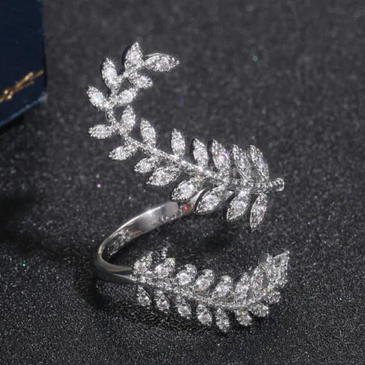 Fashion Bridal Wedding Leaf Rings for Women Jewelry 925 Sterling Silver Micro Pave Diamond Leaf Open Adjustable Rings - WORLD TIME VISITS